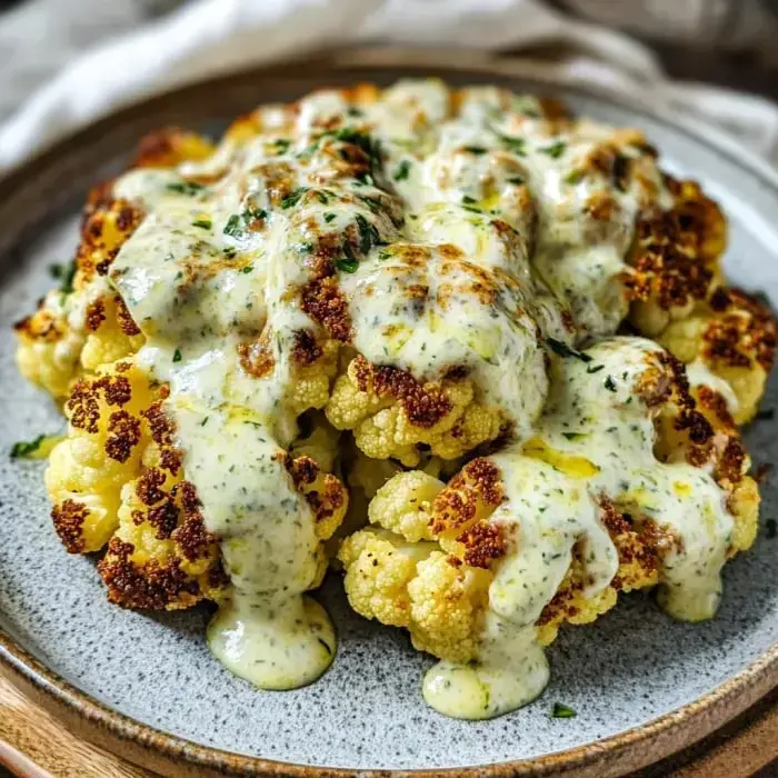 A serving of roasted cauliflower with creamy sauce on top and a sprinkle of fresh herbs.