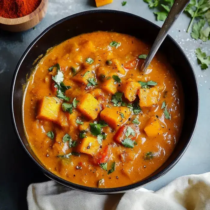 A bowl of bold, creamy pumpkin curry loaded with cilantro and served with a spoon on the side.