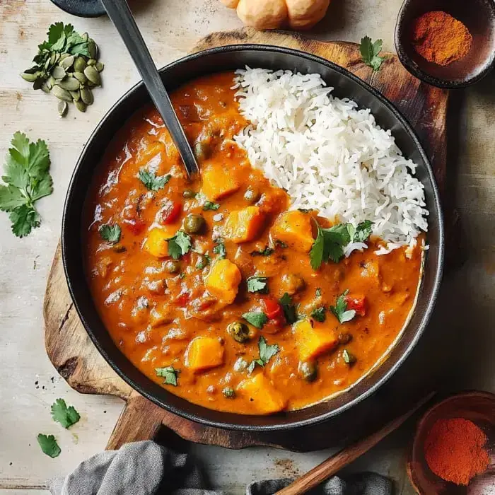 A creamy pumpkin-veggie curry with big chunks and bright peas next to fluffy rice, all topped with cilantro and spices for pop.