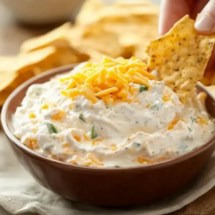 Someone scooping creamy dip loaded with cheese, chips all around and ready for scooping.