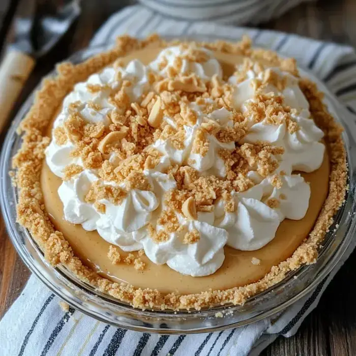 A rich pie with layers of whipped cream and crushed nuts, shown in a clear serving dish.