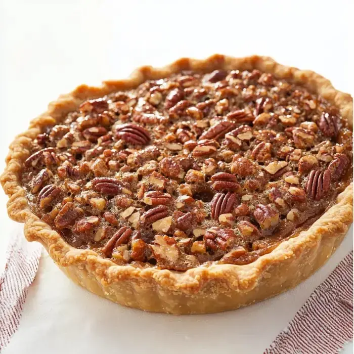 Freshly baked pecan pie with a golden, flaky edge and a glossy, nutty top layer—pecans scattered everywhere.