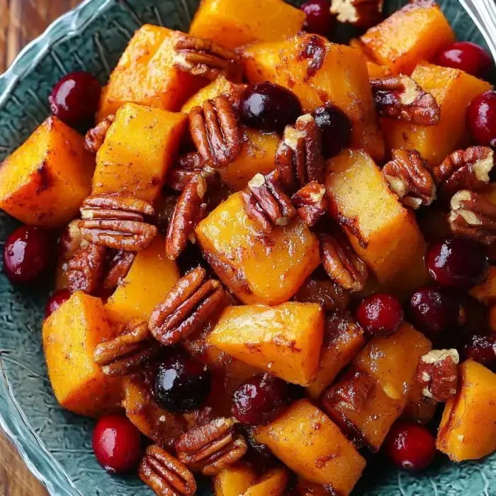 A bright bowl filled with roasted cubed butternut squash tossed with vibrant cranberries and pecans, all in a fancy serving bowl.