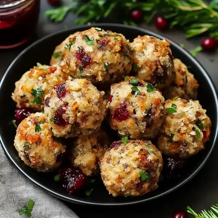 Golden turkey stuffing balls served in a black bowl with cranberry sauce and a sprinkle of parsley.