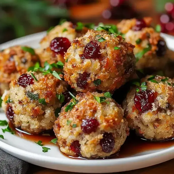 Stuffing balls with cranberries and herbs on a plate, topped with parsley.