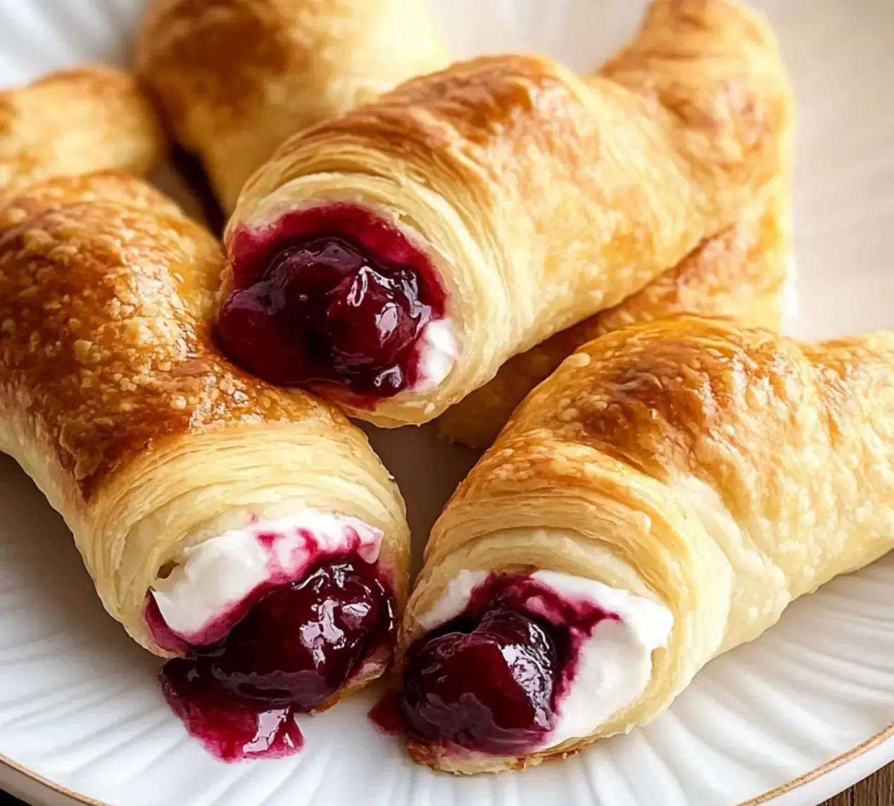 A plate stacked with toasted, crisp rolls bursting with cherry and cream cheese center.