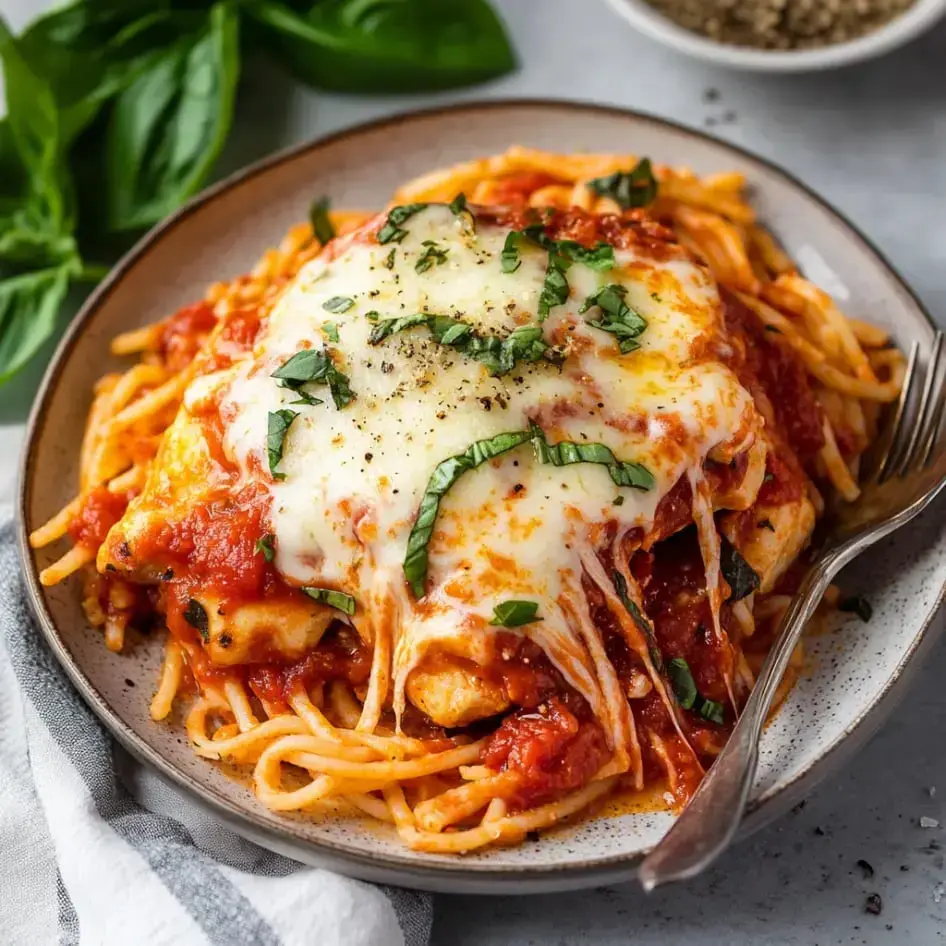 Spaghetti topped with thick marinara, stretchy cheese, fresh basil, and a shake of black pepper.