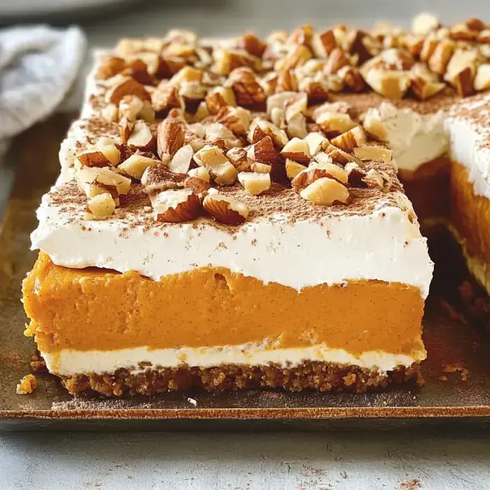 Layers of pumpkin dessert, finished with whipped cream and nuts, cooled on a tray.