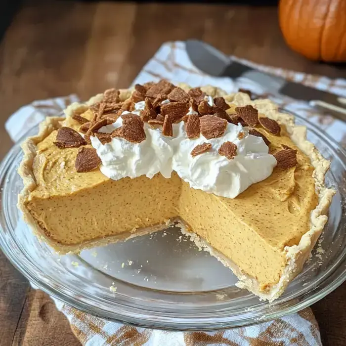 Slices of pumpkin pie with whipped cream and cookie bits on a glass platter sitting on a wood table.