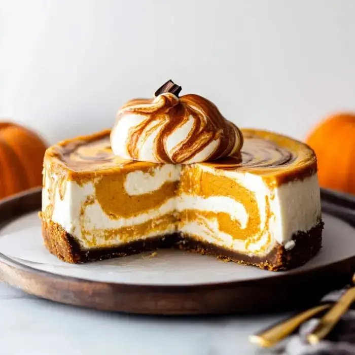 Wooden plate holding a pumpkin cheesecake slice with creamy swirls and whipped cream, next to little pumpkins.
