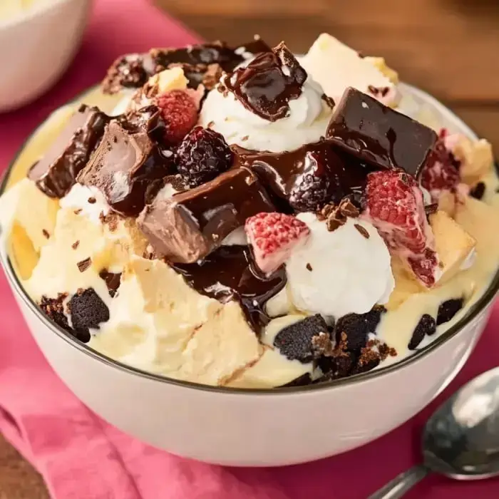 Lots of layers in a bowl—think vanilla ice cream, sweet raspberries, whipped cream clouds, chocolate chunks, and rich chocolate sauce, all stacked together for a feast.