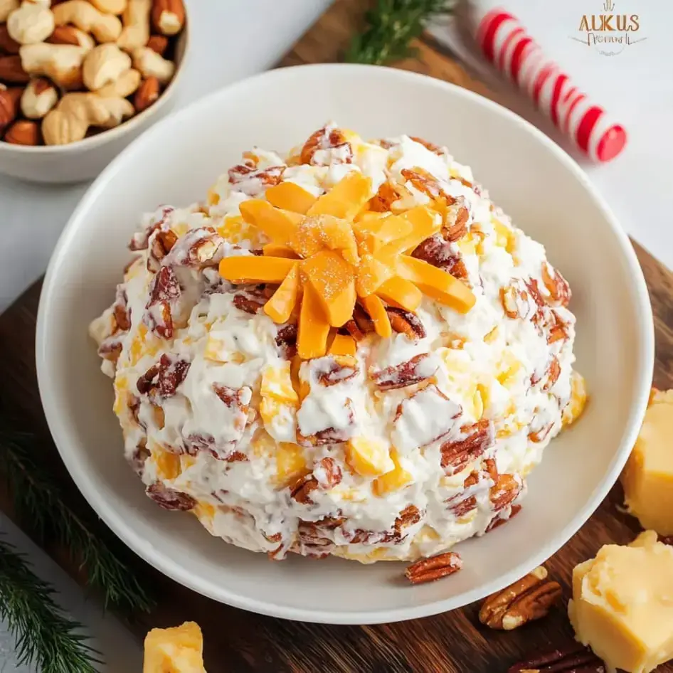 A bowl of creamy dessert salad with cheddar and pecans sits beside some mixed nuts, all served in a white dish.