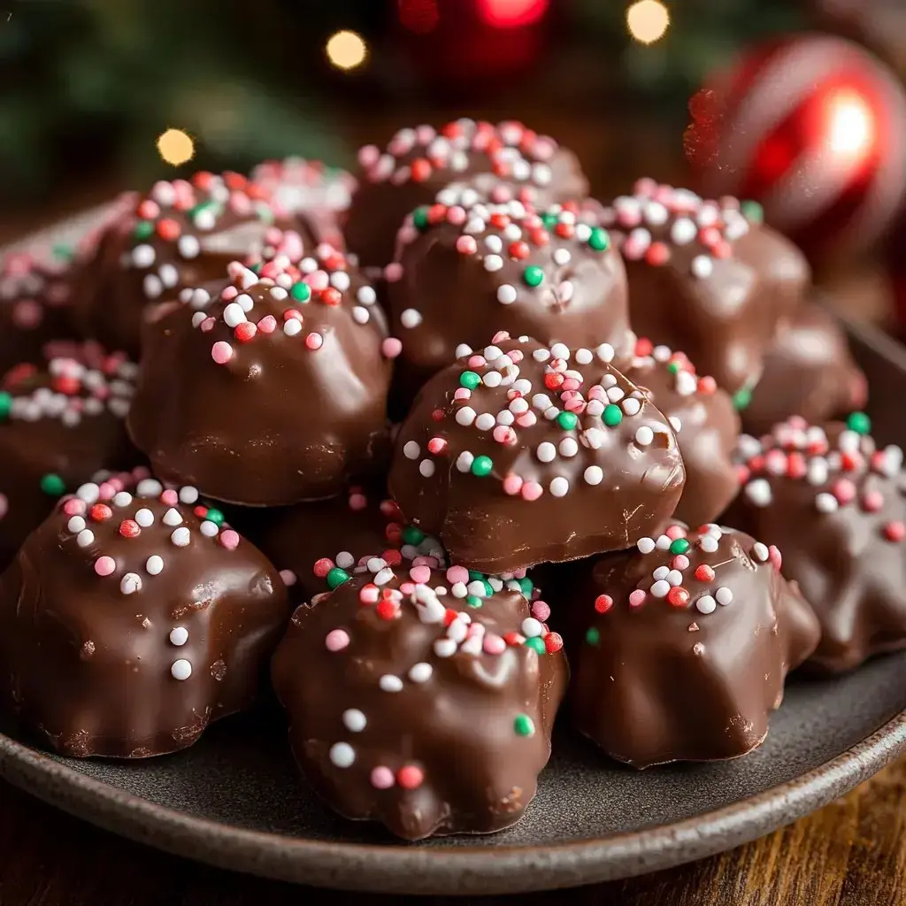A plate stacked with chocolatey candies covered in red, green, and white sprinkle bits.