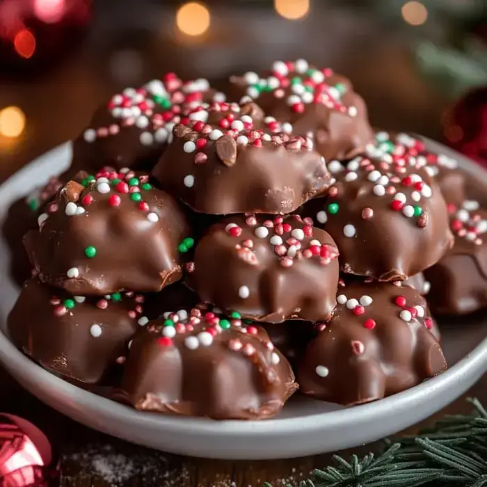 A plate loaded with chocolate sweets sprinkled with colorful festive dots.