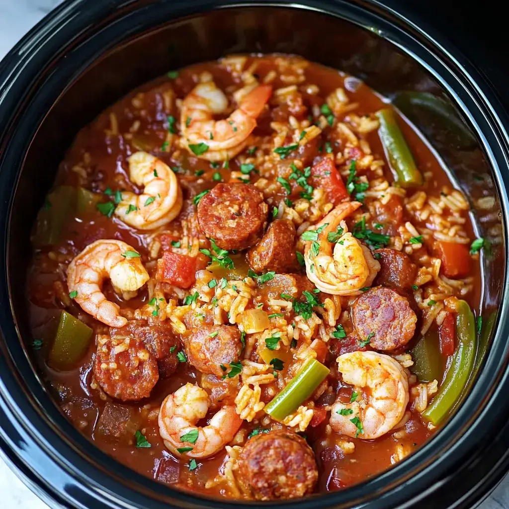 Big chunks of sausage and shrimp mixed with rice in a slow cooker and topped with parsley.