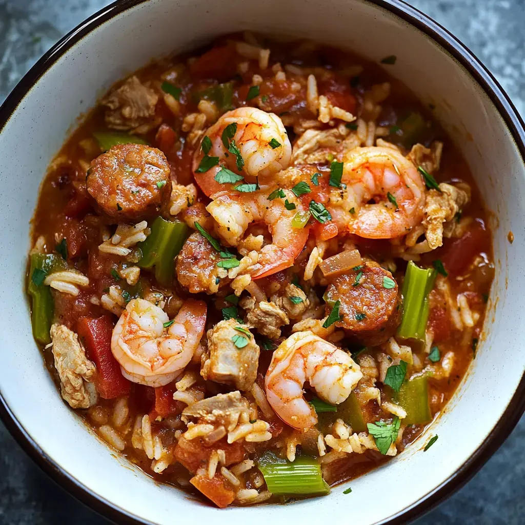 A serving bowl filled with sausage, shrimp, rice, tomatoes, chopped celery, and parsley on top.