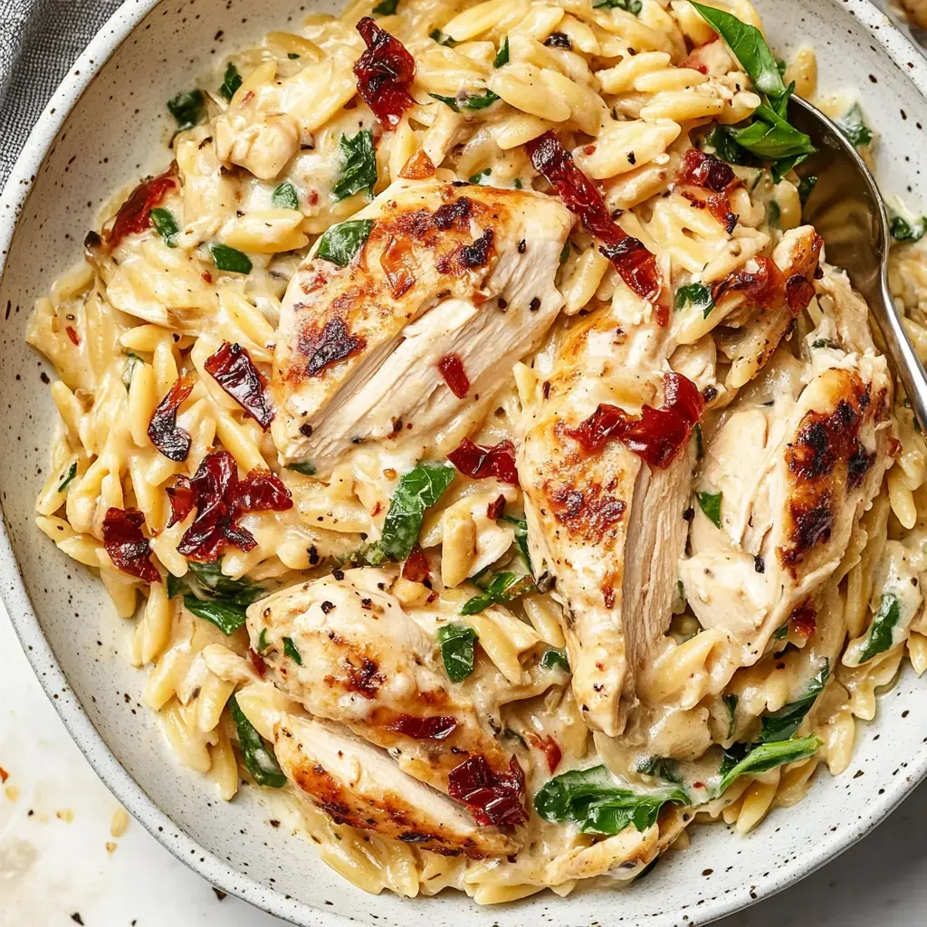 Creamy orzo loaded with juicy chicken, sweet-tangy sun-dried tomatoes, and leafy spinach.