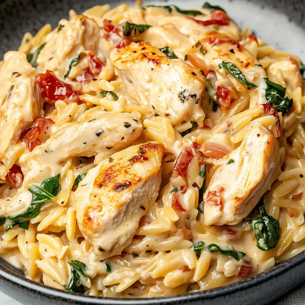 Pasta in a creamy sauce with slices of pan-seared chicken, plenty of spinach, and sun-dried tomatoes.