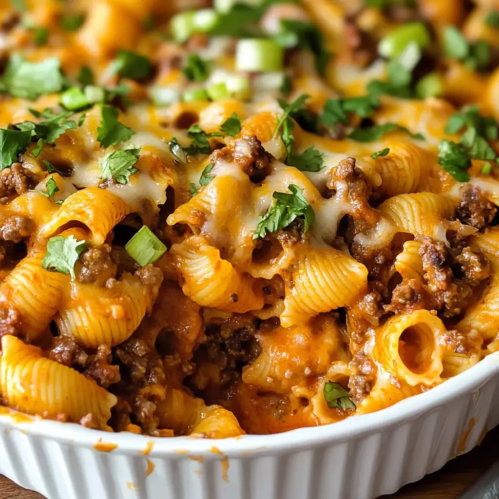 Closeup shot of cheesy baked pasta packed with ground beef, fresh cilantro, and green onions on top.