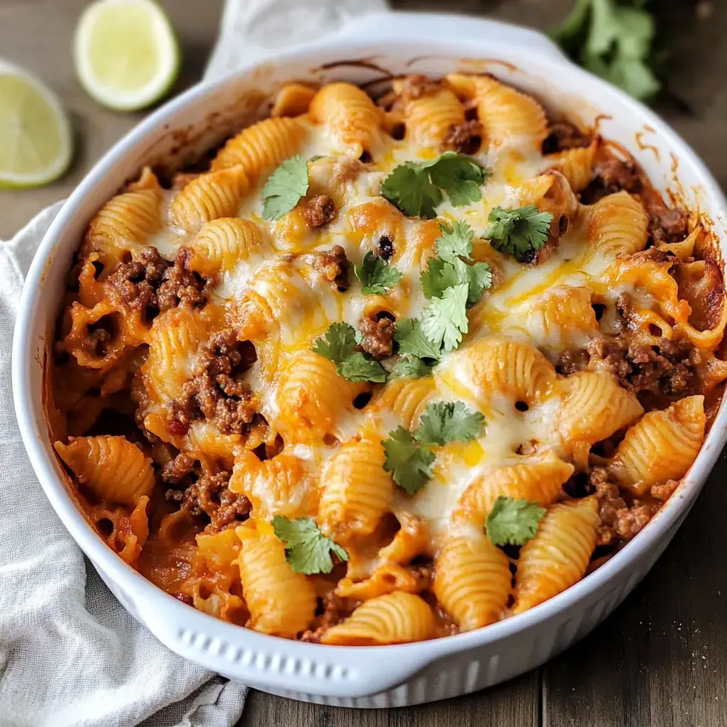 Cheesy shell pasta with ground meat in a white dish, covered with gooey cheese and cilantro.