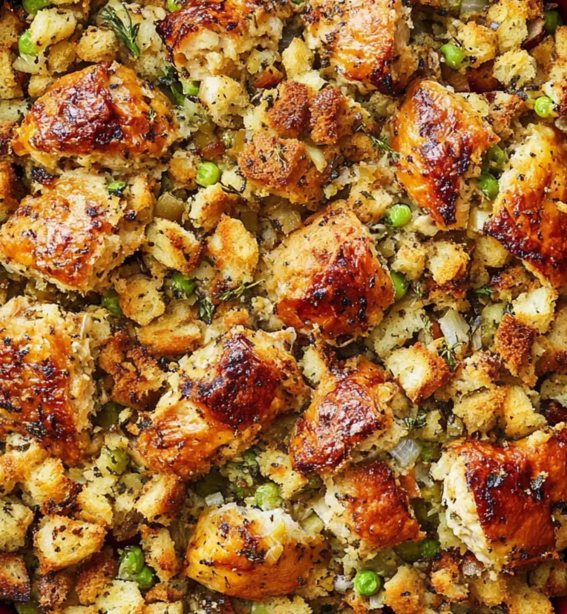 Close-up of crunchy toasted bread with peas and herbs mixed in.