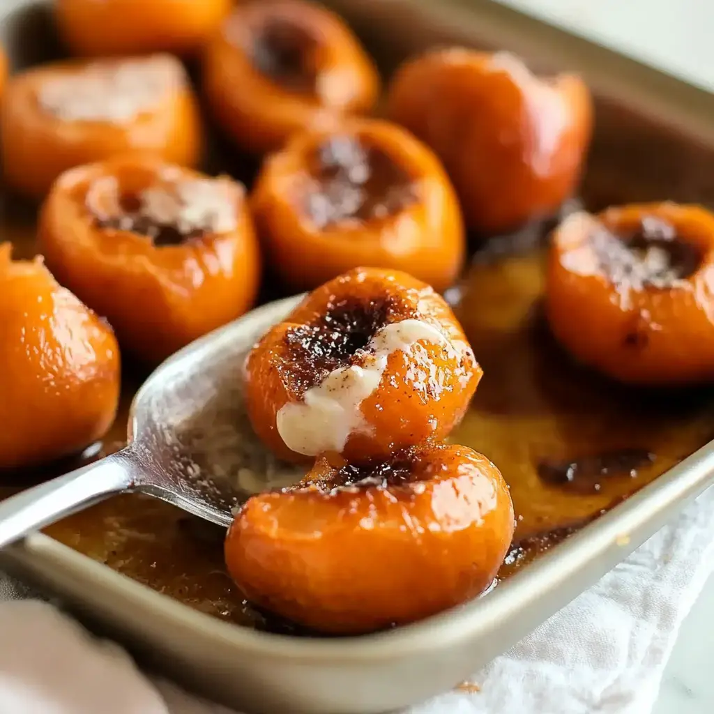 Close look at baked peaches topped with caramel, the inside peeked on a spoon to show creamy center.