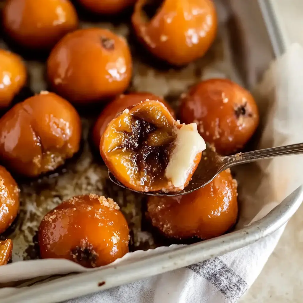 Baking dish of glossy baked fruit, one lifted on a spoon showing sweet stuffing inside.