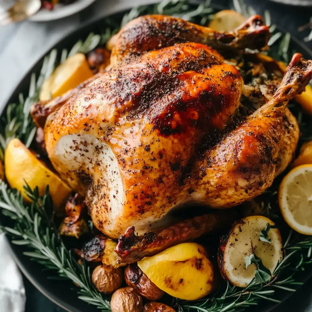 Roasted chicken on a black tray, topped with lemon slices and scattered roasted potatoes and herbs.