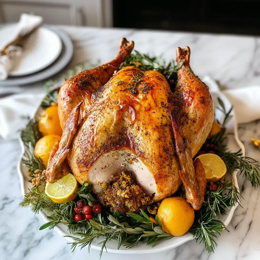 Roasted turkey on a white platter, dressed up with fresh herbs and citrus slices.