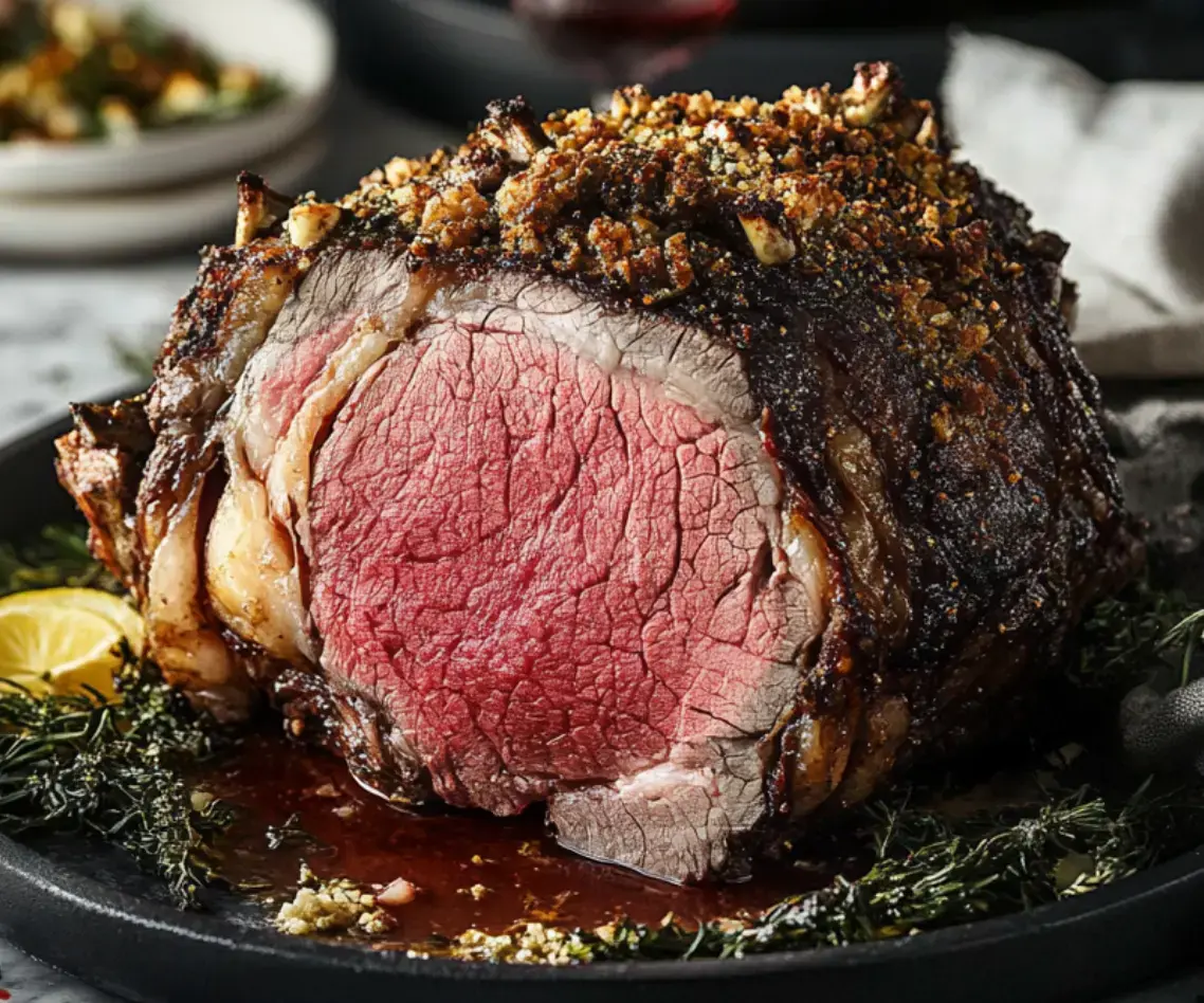 Juicy roast beef with an awesome crispy crust, herbs all on top, sitting on a black tray.