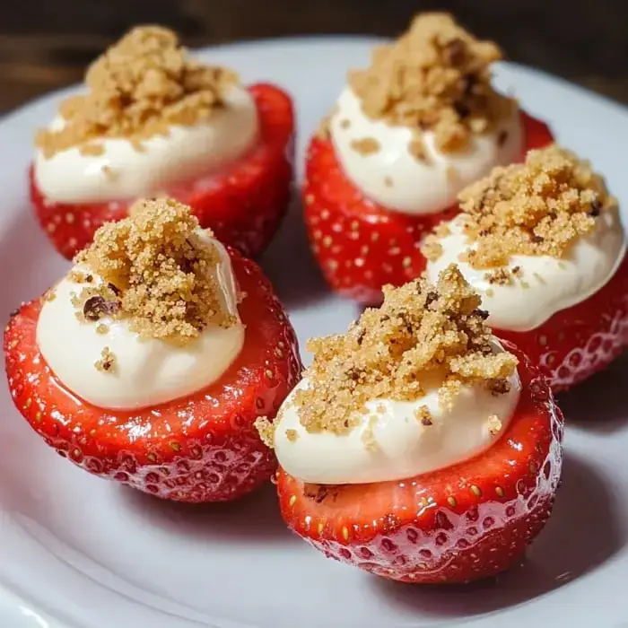 Halved strawberries with creamy topping and brown sugar on a plate.
