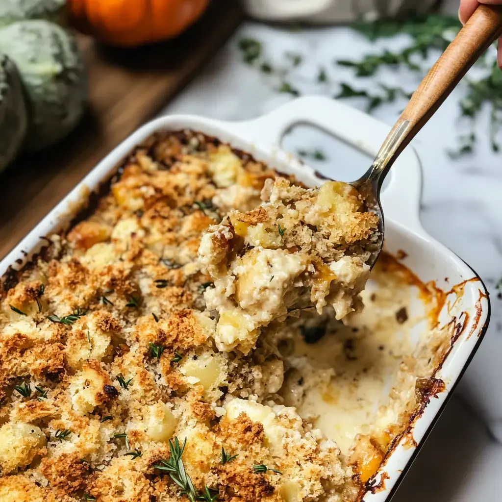 A classic golden-brown casserole with creamy filling and crunchy top being served up, set beside herbs and cute pumpkins.