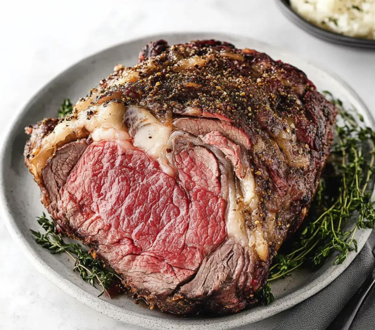 Rib roast looking juicy on a gray plate, sprinkled with fresh thyme.