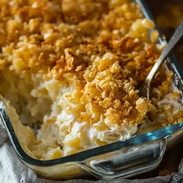 A baking dish packed with cheesy potatoes and topped with golden, crunchy cornflakes. Serving spoon at the ready!