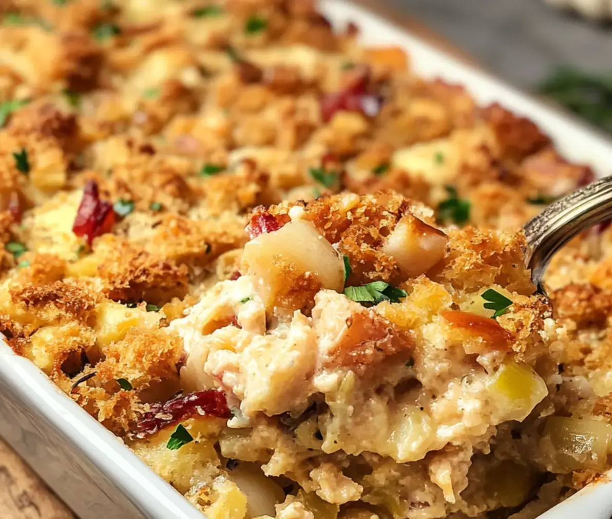 Close-up shot of a spoon scooping creamy casserole with crispy, golden topping and bits of veggies and fresh herbs.