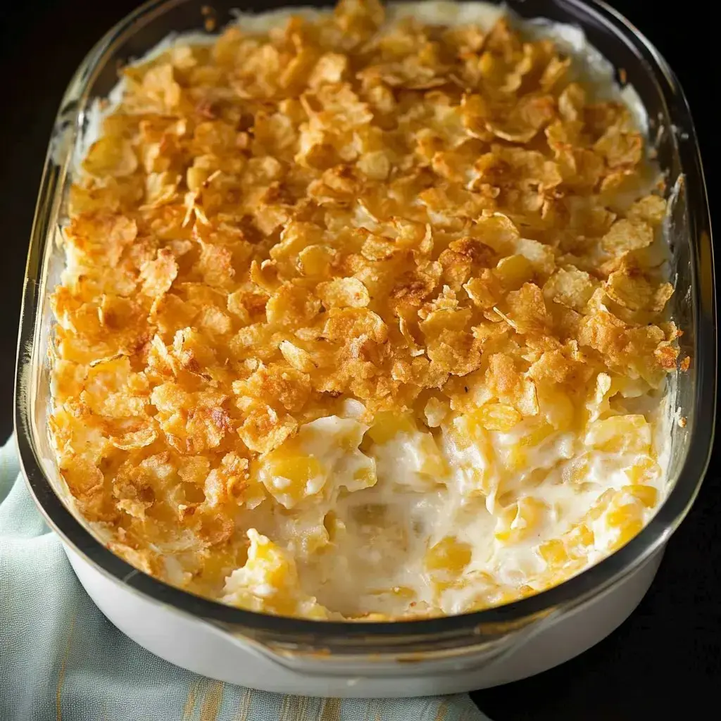 Scoop into a crisp-topped, creamy potato bake with golden cornflakes and gooey middles peeking through.