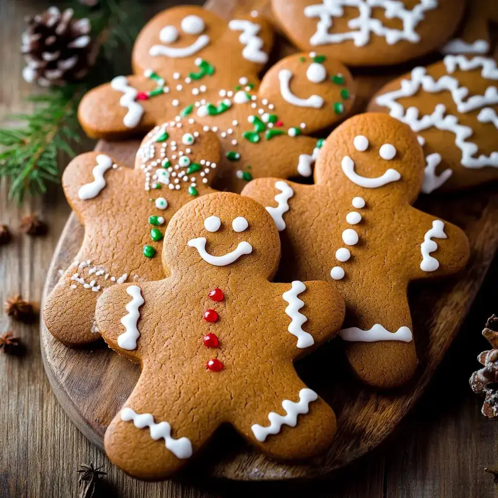A bunch of gingerbread men cookies, freshly decorated and set out on a wood tray.