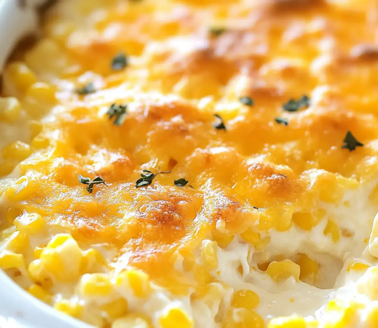 Melted cheese bubbling over sweet corn, garnished with fresh herbs in a baked dish.