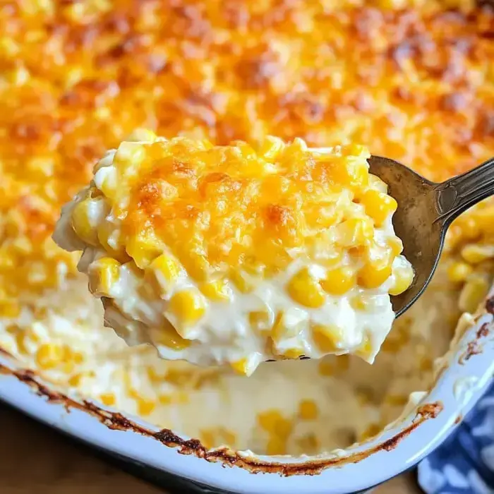 A golden scoop of cheesy baked corn being served from the casserole dish.
