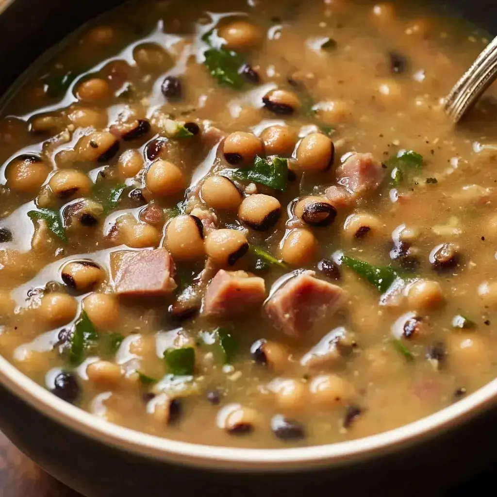 Zoomed-in bowl of chunky black eyed peas, meaty bits, and fresh greens all together.