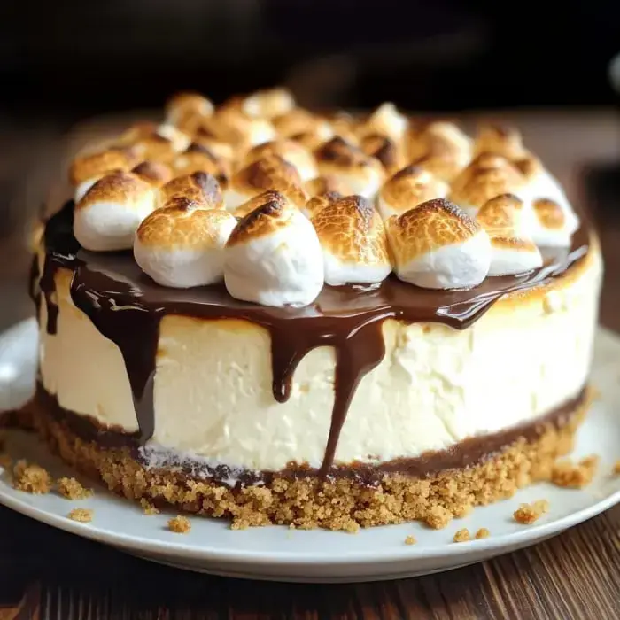 A creamy cheesecake on a crunchy base, loaded with gooey toasted marshmallows and melted chocolate on top.