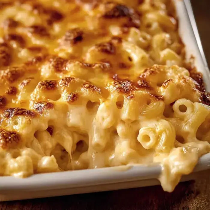 A close-up of bubbly, crispy-topped baked mac and cheese in the pan.