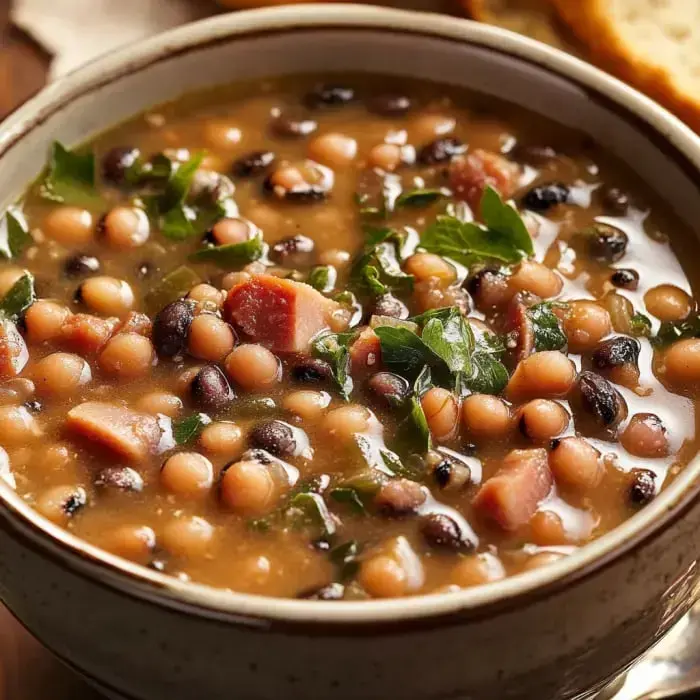 A bowl full of chunky black eyed peas, smoky ham, and snips of fresh herbs on top.