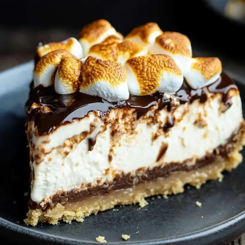 A piece of creamy dessert with layers of chocolate, graham cracker crust, and perfectly toasted marshmallows with chocolate sauce dripping down.