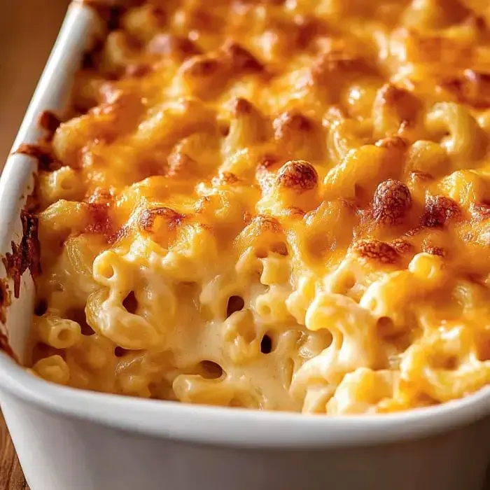 A close-up of mac and cheese in a dish, with a crunchy, golden-cheese crust.