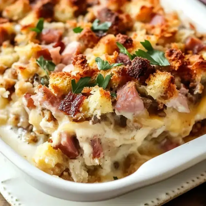 A rich, creamy dish with crispy topping, slices of ham, and a bit of green parsley on top.