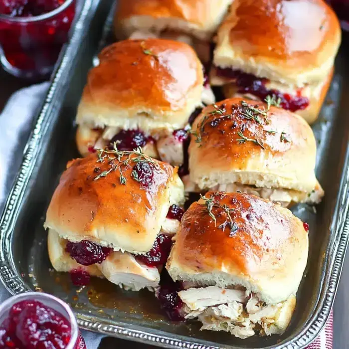 A tray of turkey sliders stuffed with cranberry sauce and topped with fresh thyme.