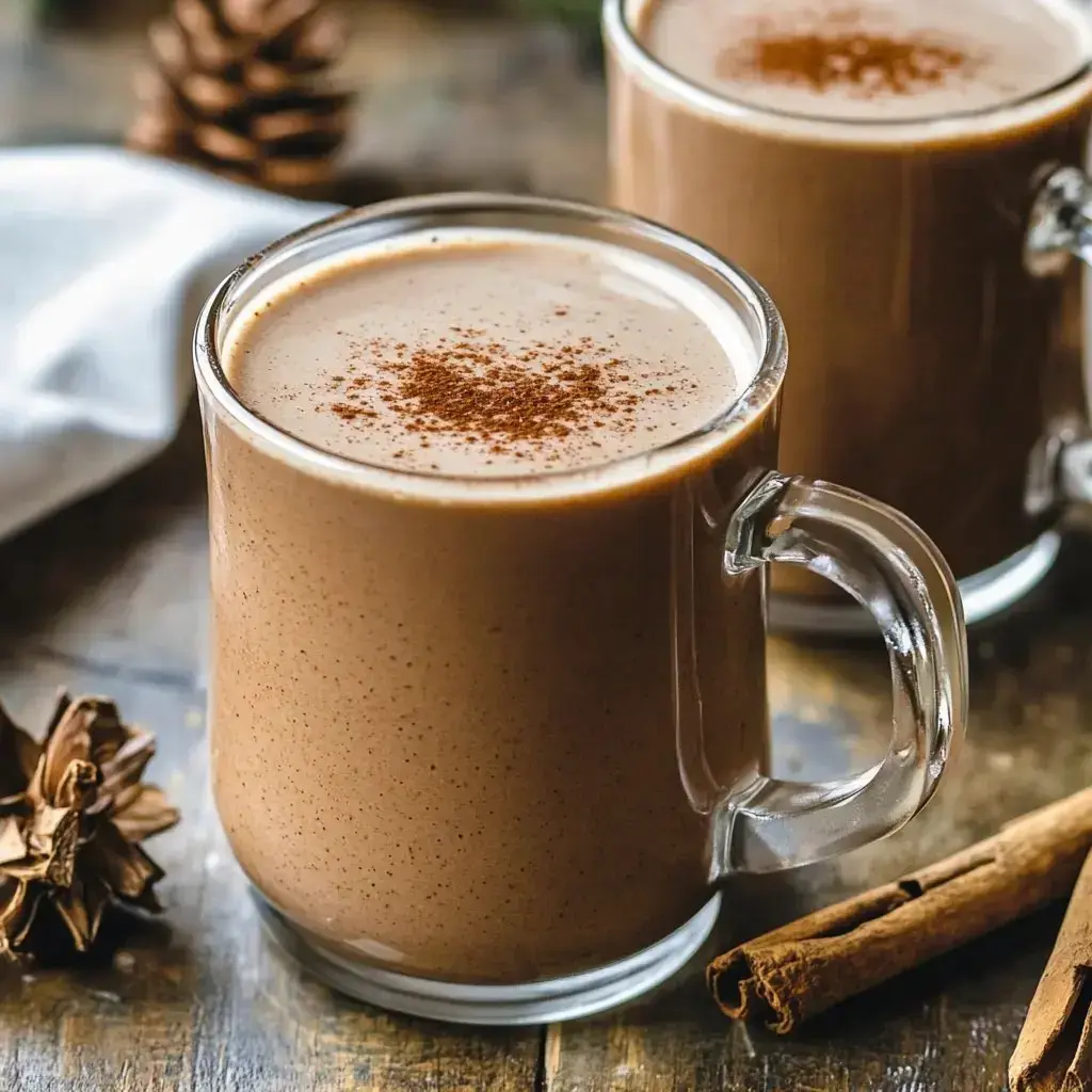 Two cozy mugs filled with spiced chocolate sit on a wooden table, dusted with cinnamon, surrounded by a cinnamon stick and pinecones.