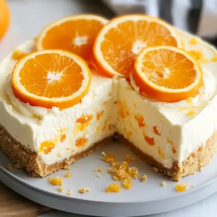 A creamy citrus dessert cut into slices, orange pieces on top, showing the colorful filling dotted with orange bits.