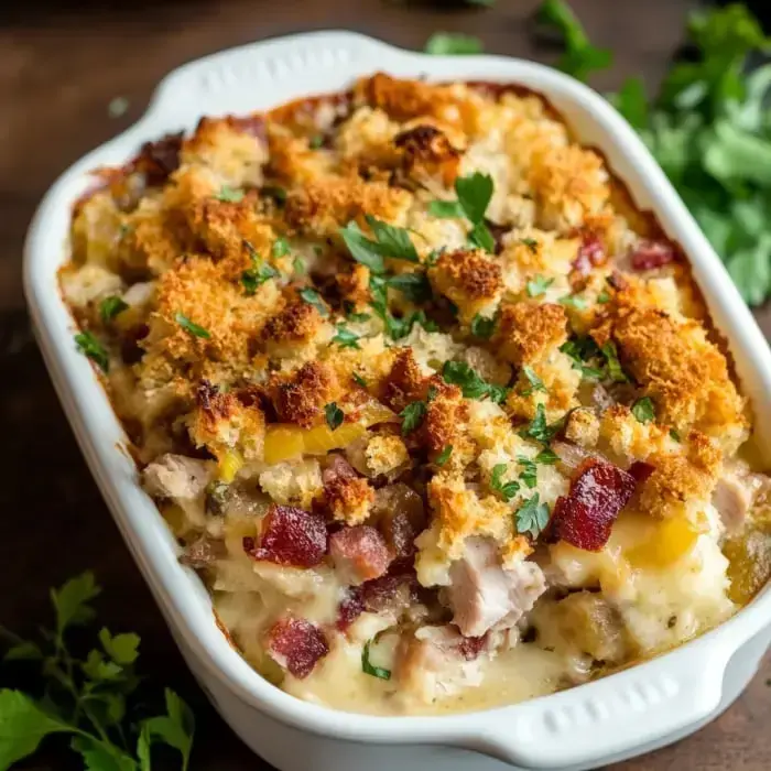 Baked casserole golden on top with crispy crumbs and fresh green herbs, showing hearty pieces of chicken and creamy filling.